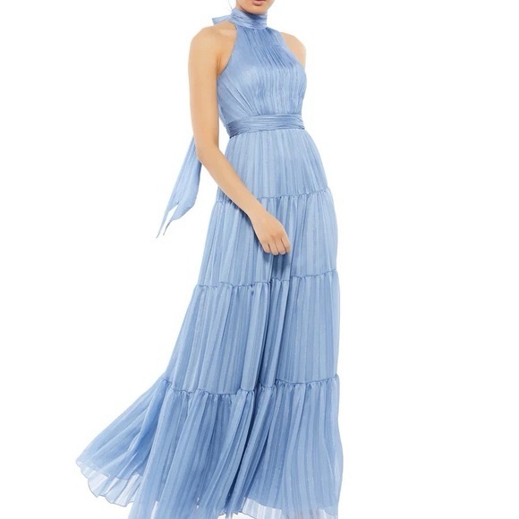 MAC DUGGAL High Neck Tiered Maxi Dress Slate Blue Metallic Silver Formal  Size 4 - Picture 15 of 15